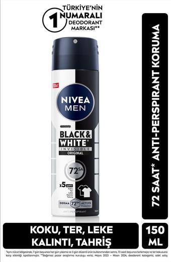 MEN Erkek Sprey Deodorant Black&White Invisible Original 150ml, 72 Saat Anti-perspirant Ter Koruması
