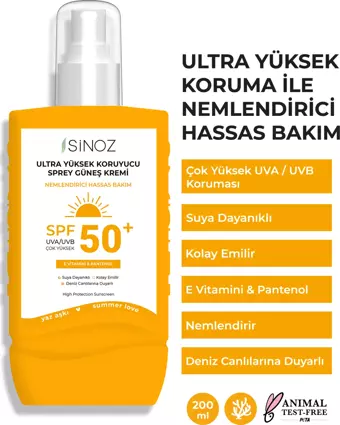 Sinoz Spf 50 Ultra Yüksek Koruyucu Vücut Güneş Kremi Sprey 200 ml - Nemlendirici Hassas Bakım