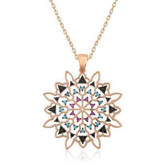 Alsepeteavm Gümüş Rose Geometrik Desenli Madalyon Kolye