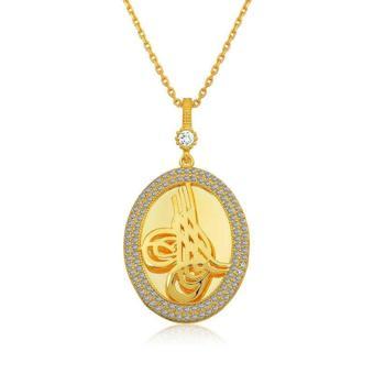 Alsepeteavm Gümüş Gold Tuğralı Oval Bayan Kolye