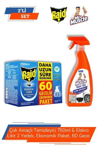 Mr.Muscle Çok Amaçlı Temizleyici 750ml & Elekro Likit 2 Yedek, Ekonomik Paket, 60 Gece 