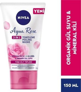 Nivea Aqua Rose 3Ü1 Arada Yüz Temizleme Peeling Maske Tüm Ciltler,150Ml,Organik Gül Suyu,Hyaluron,Mi