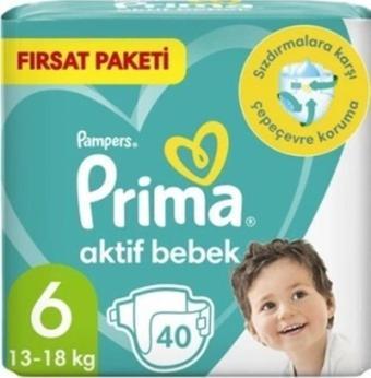 Prima Bebek Bezi Aktif Bebek 6 Beden 40 Adet Ekstra Large Fırsat Paketi 13-18  kg