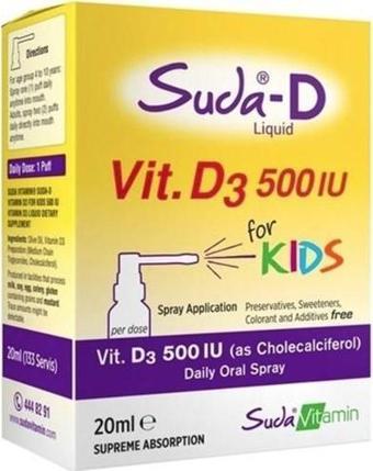 Suda Vitamin Suda-D Vitamin D3 500'Iu Çocuklar Için Günlük Oral Sprey 20 Ml