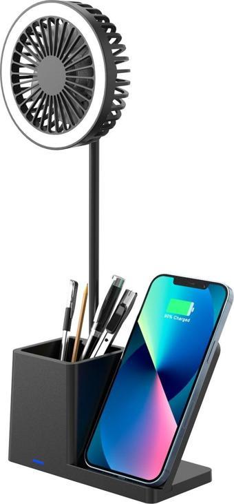 Sl-M9055 Siyah Typec 10W Kablosuz Şarj Cihazı Fanlı Kalemlikli Masa Lambası
