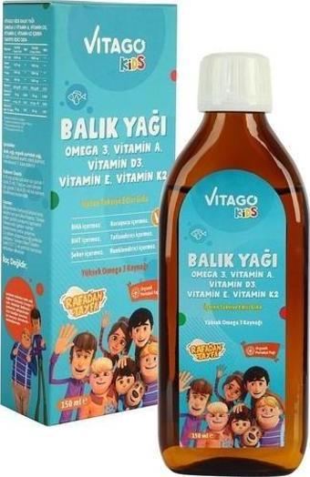 Vitago Kids Balık Yağı, Omega 3, Vitamin A, D3, E, K2 Içeren Organik Portakallı Şurup