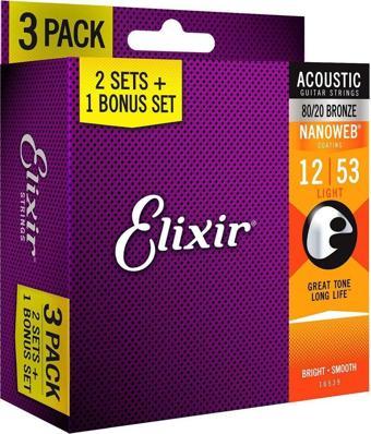 Elixir 12-53 Nanoweb 80/20 Bronze Ekonomik 3'lü Set Akustik Gitar Teli (16539)