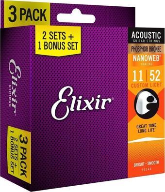 Elixir 11-52 Nanoweb Phos.Brz. Ekonomik 3'lü Set Akustik Gitar Teli (16544)