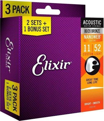 Elixir 11-52 Nanoweb Bronze Ekonomik 3'lü Set Akustik Gitar Teli (16538)