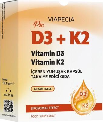 Viapecia D3+K2 Vitamin D3 Vitamin K2 Yumuşak Takviye Edici Kapsül 60 Adet