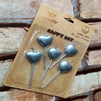 Kuzey Vıp Silver Heart Happy Bırthday Candle 5 Adet Metalik Gümüş Kalpli Pasta Mumu Kalpli Doğum Günü Mumu