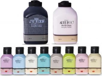 Artdeco Akrilik Boya 8x75ml Pastel Smoky + BEYAZ + SİYAH 500ml 10 Renk Set