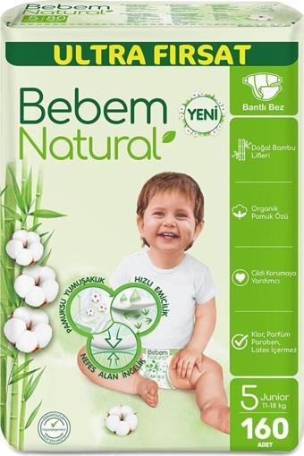 Bebem Natural Bebek Bezi Ultra Fırsat Paketi Maxi 5 Numara 160 Adet (80 x 2 Paket)