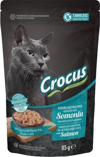 Crocus Tahılsız Kısırlaştırılmış Kedi Somonlu Pouch Jöleli Yaş Mama 85 Gr