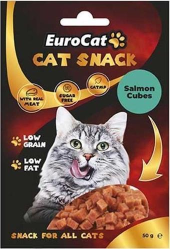 EuroCat Tahılsız Şekersiz Kurutulmuş Et Cat Somon Cubes Flakes Kedi Ödülü 50 Gr