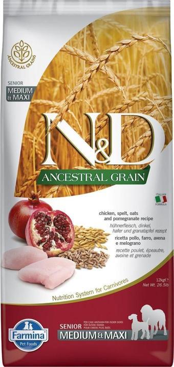 N&D Senior Medium Maxi, Düşük Tahıllı, Tavuk Ve Narlı Yaşlı Köpek Maması 12 kg