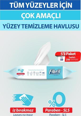 Fibril Pratik Yüzey Temizlik Havlusu Beyaz Sirkeli Sabun Kokulu 5 X 50 (TOPLAM 250 YAPRAK)