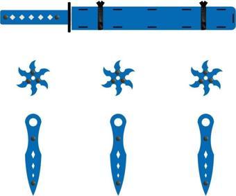 Ahtek Ahşap Samuray Seti 3 Lü, Katana Kılıcı +3 Ad. Ninja Yıldızı Kohga+3 Ad. Fırlatma Bıçağı Kunai Mavi