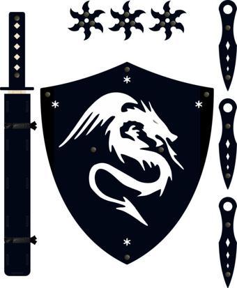 Ahtek Ahşap Samuray Seti 4 Lü, Kalkan + Katana Kılıcı + Ninja Yıldızı Kohga + Fırlatma Bıçağı Kunai, Siyah