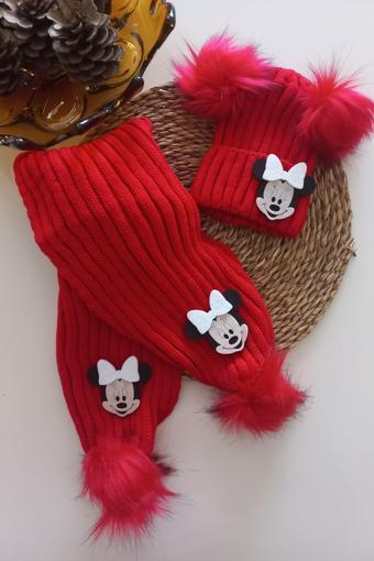 MARS BABY Kız Erkek Unisex Bebek Çocuk Beyaz Mickey Minnie Kırmızı Ponponlu Atkı Bere Takımı