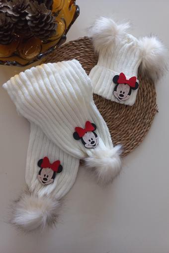 MARS BABY Kız Erkek Unisex Bebek Çocuk Ekru Krem Mickey Minnie Mouse Figürlü Ponponlu Atkı Bere Takı