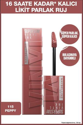 Maybelline New York Super Stay Vinyl Ink Uzun Süre Kalıcı Likit Parlak Ruj 115 Peppy