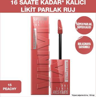 Maybelline New York Super Stay Vinyl Ink Uzun Süre Kalıcı Likit Parlak Ruj 15 Peachy