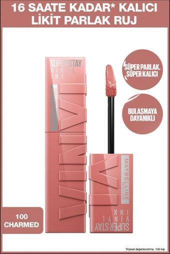 Maybelline New York Super Stay Vinyl Ink Uzun Süre Kalıcı Likit Parlak Ruj 100 Charmed