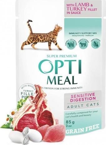 OptiMeal Sensitive Digestion Kuzu Etli Ve Hindili Tahılsız Kedi Konservesi 85gr