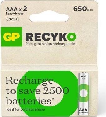 GP Recyko 650 mAh 1.2V AAA Boy NiMH İnce Şarjlı Pil 2'li Kart