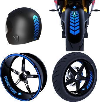 Moto Rider 4'lü Sticker Seti Azur Mavi İç Dış Jant Şeridi Kask ve Çamurluk Çınar Extreme 