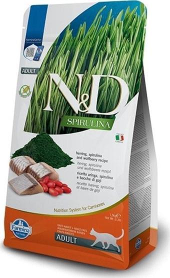 N&D Spirulina Takviyeli Ringa Balıklı & Kurt Üzümlü Tahılsız Yetişkin Kedi Maması - 1,5 kg