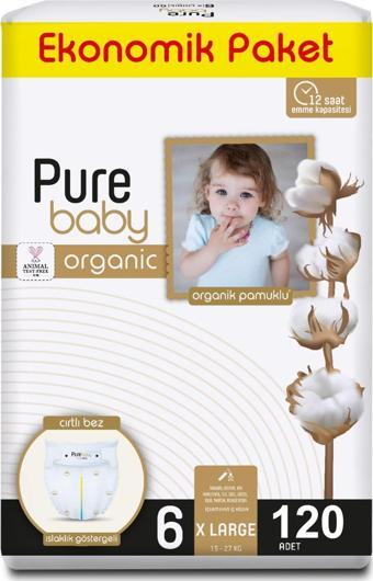 Pure Baby Organik Pamuklu Cırtlı Bez Ekonomik Paket 6 Numara Maxi 120 Adet