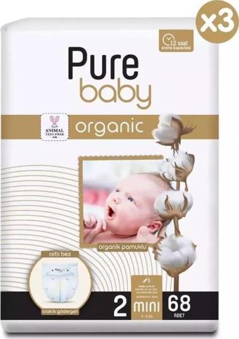 Pure Baby Organik Pamuklu Cırtlı Bez 3'lü Paket 2 Numara Mini 204 Adet