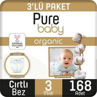 Pure Baby Organik Pamuklu Cırtlı Bez 3'lü Paket 3 Numara Midi 168 Adet