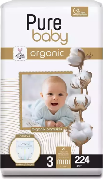 Pure Baby Organik Pamuklu Cırtlı Bez 4'lü Paket 3 Numara Midi 224 Adet