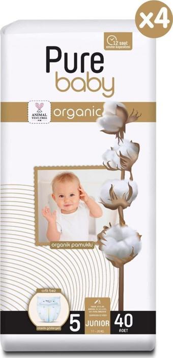 Pure Baby Organik Pamuklu Cırtlı Bez 4'lü Paket 5 Numara Junior 160 Adet