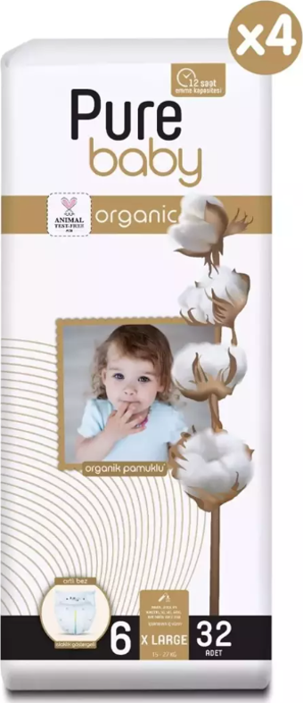 Pure Baby Organik Pamuklu Cırtlı Bez 4'lü Paket 6 Numara Xlarge 128 Adet