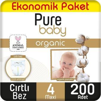 Pure Baby Organik Pamuklu Cırtlı Bez Ekonomik Paket 4 Numara Maxi 200 Adet