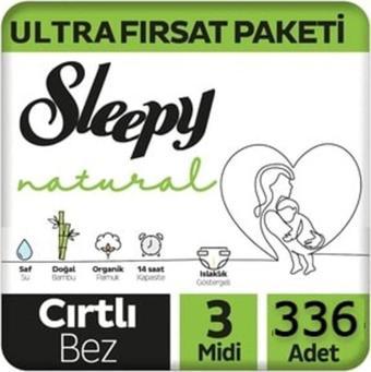 Sleepy Natural 3 Numara Bebek Bezi Midi 4 - 9 Kg 336 Adet Mega Paket Belbantlı Cırtlı.