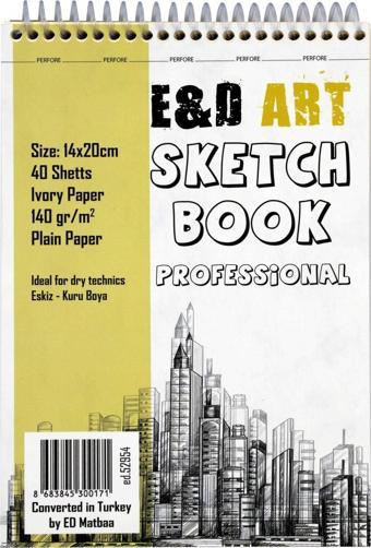 E&D Art Sketch Book Professional 14x20cm 40yp 140gr Eskiz Çizim Defteri Üstten Spiralli