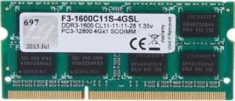 GSKILL 4GB DDR3 1600MHZ CL11 NOTEBOOK RAM VALUE F3-1600C11S-4GSL 1.35V Low Voltaj