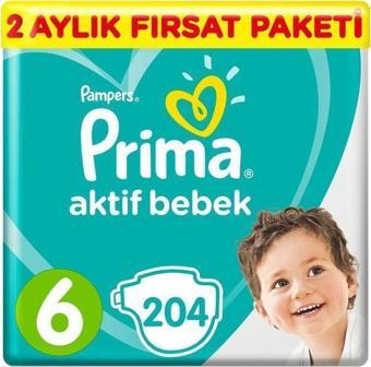 Prima Unisex Bebek Bezi Aktif Bebek 6 Beden Ektra Large 2 Aylık Fırsat Paketi 204'lü