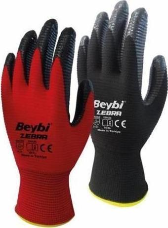 Beybi Nitril Poly PNzebra 9 Beden Kırmızı Siyah  Eldiven 12li Paket EN388 (3131X)