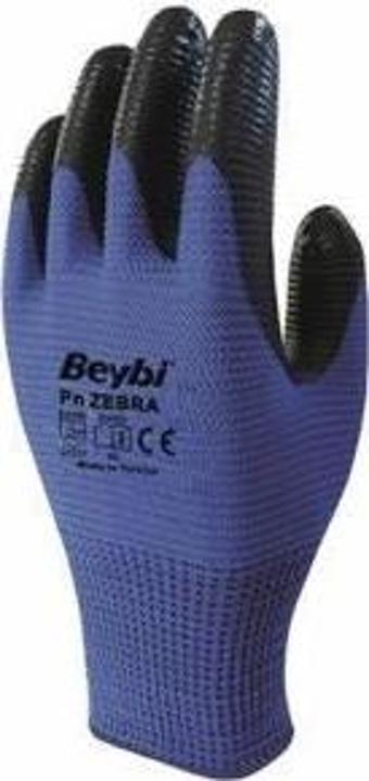 Beybi Nitril Poly PNzebra 9 Beden Mavi Siyah  Eldiven 12li Paket EN388 (3131X)