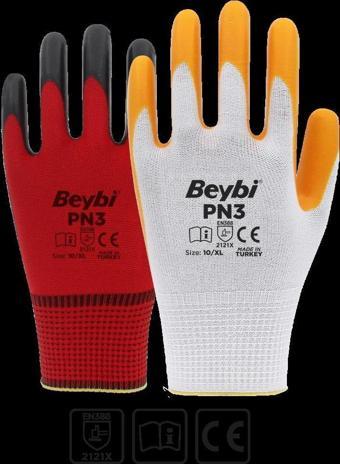 Beybi PN3 Beyaz Sarı 10 Beden Polyester Örme Nitril Eldiven 12li Paket EN388 (2121X)