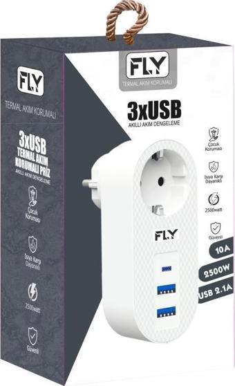 FLY-3400-01 Akım Korumalı.1 li Priz 2-Usba 1-C Soket 2.1A 10A 2500W