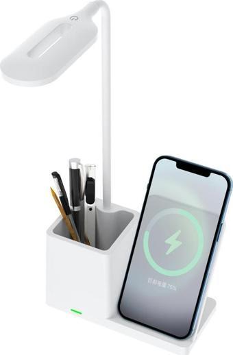 S-link SL-M9054 Beyaz TypeC 10W Kablosuz Şarj Cihazı Kalemlikli Masa Lambası