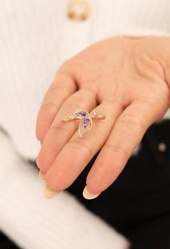 Eva Jewelry Kanat Motifli Lila Taşlı 14 K Rose Gold Kaplama Ayarlanabilir Kadın Yüzük