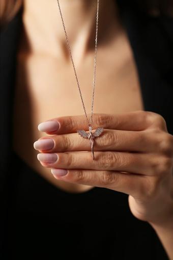 Eva Jewelry Kanatlı Melek Beyaz Taşlı 14k Rose Gold Kaplama Kadın Kolye